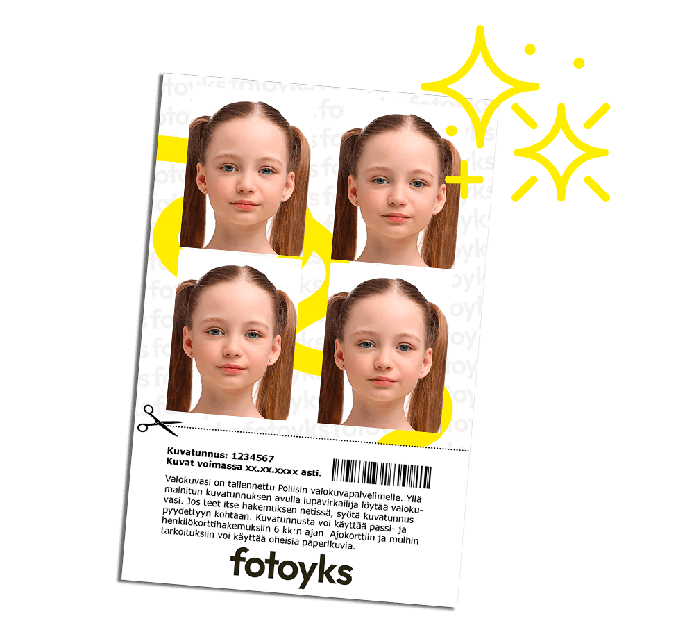 Fotoyks — hymyilevä tyttö passikuva-studiossa